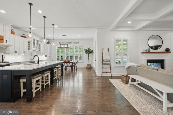Dining room, Fireplace, Interior, Kitchen, Living room, Pendant Lights, Recessed Lighting, Wood Texture Flooring