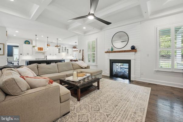Fireplace, Interior, Kitchen, Living room, Pendant Lights, Recessed Lighting, Wood Texture Flooring