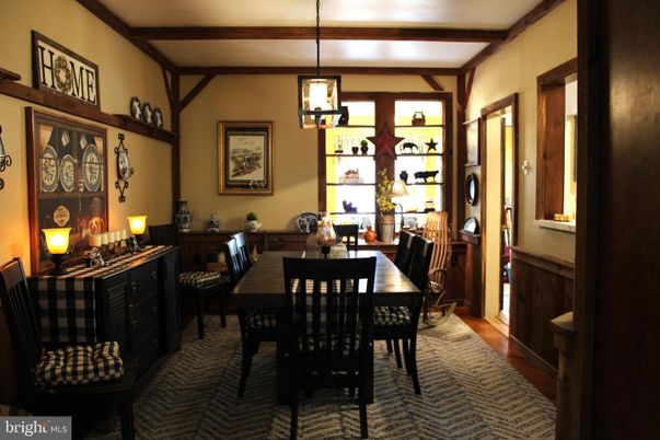 Dining room, Interior, Pendant Lights, Wood Texture Flooring