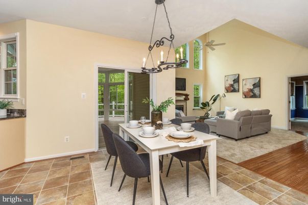Chandelier, Dining room, Fireplace, Interior, Living room, Pendant Lights, Wood Texture Flooring