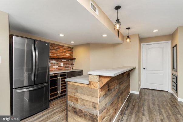 Interior, Kitchen, Pendant Lights, Recessed Lighting, Stone Walls, Wood Texture Flooring