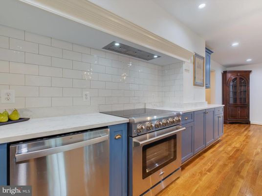 Interior, Kitchen, Recessed Lighting, Stainless Steel Appliances, Stone Walls, Wood Texture Flooring
