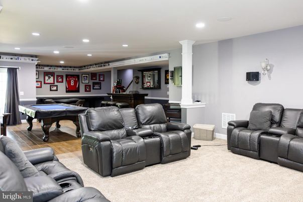 Billiard Table, Home Theatre Room, Game Room, Interior, Recessed Lighting, Wood Texture Flooring