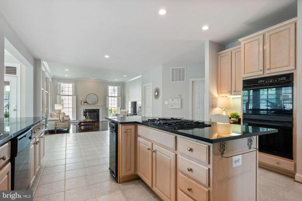 Fireplace, Interior, Kitchen, Living room, Recessed Lighting, Stainless Steel Appliances