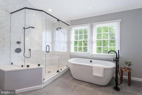 Bathroom, Free Standing Baths, Glass Shower, Interior, Marble Walls, Recessed Lighting