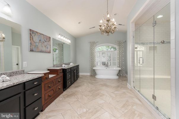 Bathroom, Chandelier, Dual Sink Vanities, Free Standing Baths, Glass Shower, Interior, Recessed Lighting