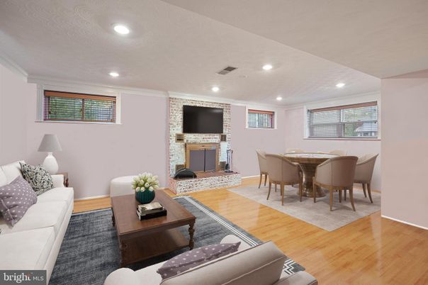 Dining room, Fireplace, Interior, Living room, Recessed Lighting, Wood Texture Flooring