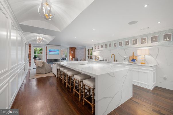 Interior, Kitchen, Marble Walls, Recessed Lighting, Wood Texture Flooring