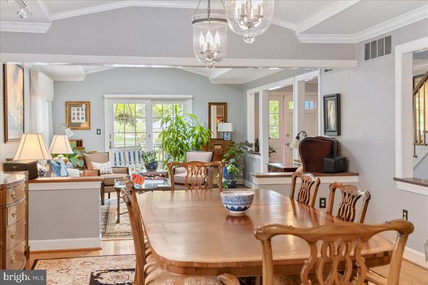 Dining room, Interior, Living room, Pendant Lights, Wood Texture Flooring
