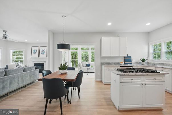 Dining room, Fireplace, Interior, Kitchen, Living room, Pendant Lights, Recessed Lighting, Wood Texture Flooring