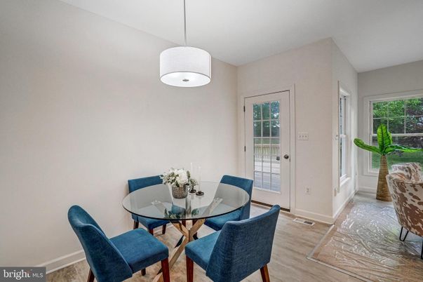 Dining room, Interior, Pendant Lights, Wood Texture Flooring