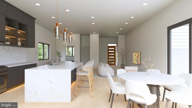Dining room, Interior, Kitchen, Marble Walls, Pendant Lights, Recessed Lighting, Wood Texture Flooring