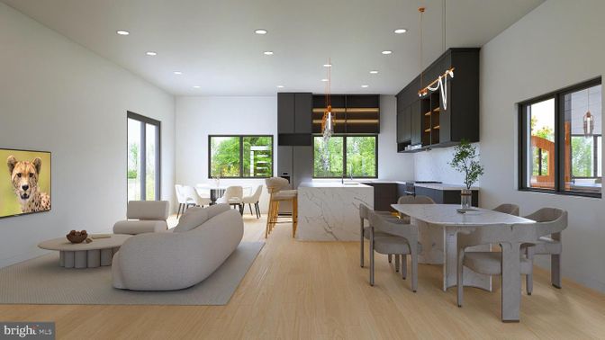 Dining room, Interior, Kitchen, Pendant Lights, Recessed Lighting, Wood Texture Flooring