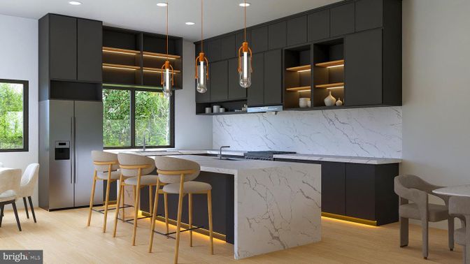 Interior, Kitchen, Marble Walls, Pendant Lights, Recessed Lighting, Stainless Steel Appliances, Wood Texture Flooring