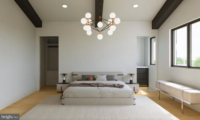 Bedroom, Interior, Pendant Lights, Recessed Lighting, Wood Texture Flooring