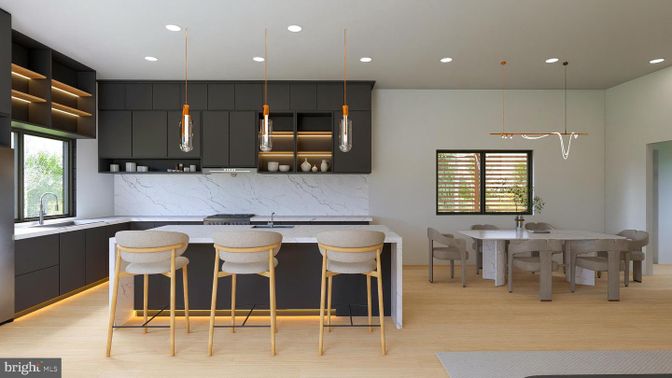 Dining room, Interior, Kitchen, Marble Walls, Pendant Lights, Recessed Lighting, Wood Texture Flooring