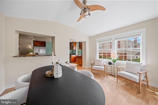 Dining room, Interior, Kitchen, Living room, Recessed Lighting, Stainless Steel Appliances, Wood Texture Flooring