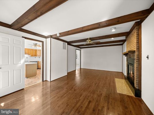 Empty room, Fireplace, Interior, Kitchen, Wooden Beams, Wood Texture Flooring