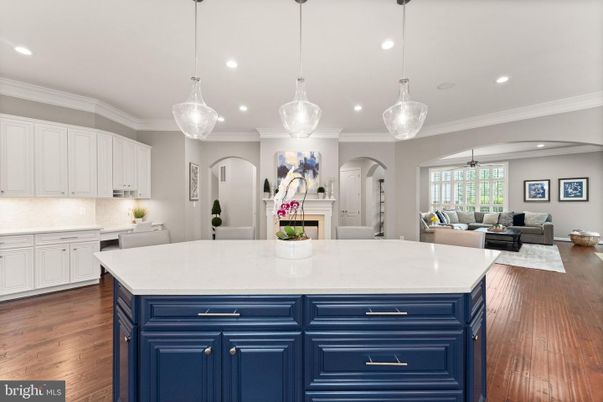 Fireplace, Interior, Kitchen, Living room, Pendant Lights, Recessed Lighting, Wood Texture Flooring