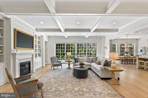 Chandelier, Dining room, Fireplace, Interior, Living room, Recessed Lighting, Wood Texture Flooring
