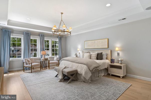 Bedroom, Chandelier, Interior, Recessed Lighting, Wood Texture Flooring