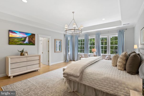 Bedroom, Chandelier, Interior, Recessed Lighting, Wood Texture Flooring