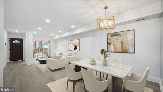 Dining room, Interior, Living room, Pendant Lights, Recessed Lighting, Wood Texture Flooring