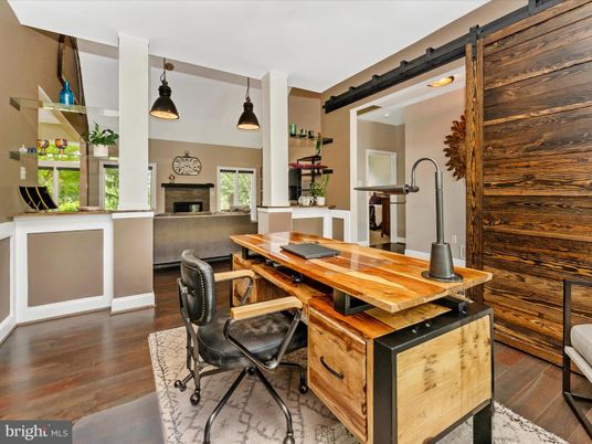 Fireplace, Home Office, Interior, Pendant Lights, Recessed Lighting, Wood Texture Flooring, Wooden Walls