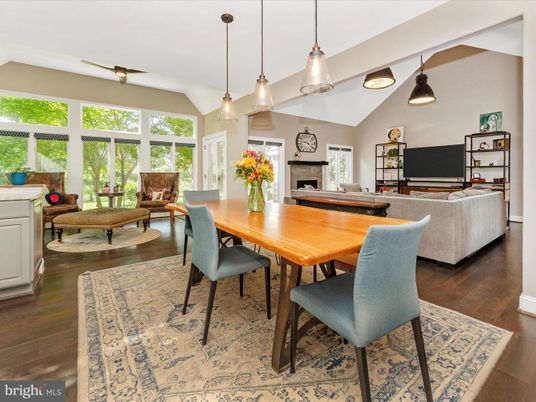 Dining room, Fireplace, Interior, Living room, Pendant Lights, Wood Texture Flooring