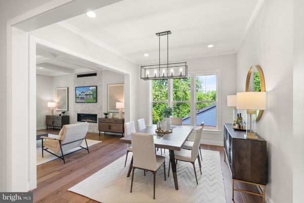 Dining room, Fireplace, Interior, Living room, Pendant Lights, Recessed Lighting, Stone Walls, Wood Texture Flooring