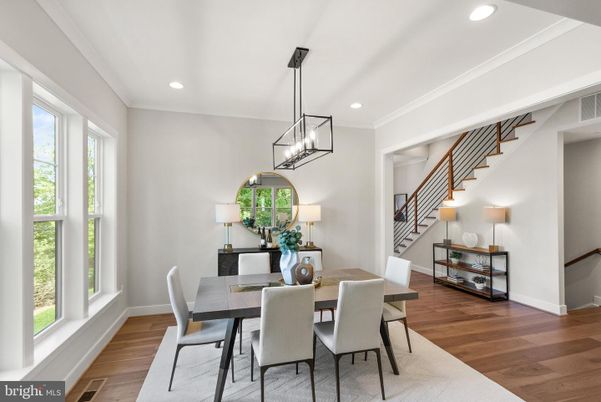 Dining room, Interior, Pendant Lights, Recessed Lighting, Wood Texture Flooring