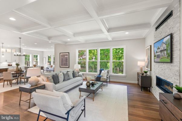 Dining room, Fireplace, Interior, Living room, Pendant Lights, Recessed Lighting, Stone Walls, Wood Texture Flooring