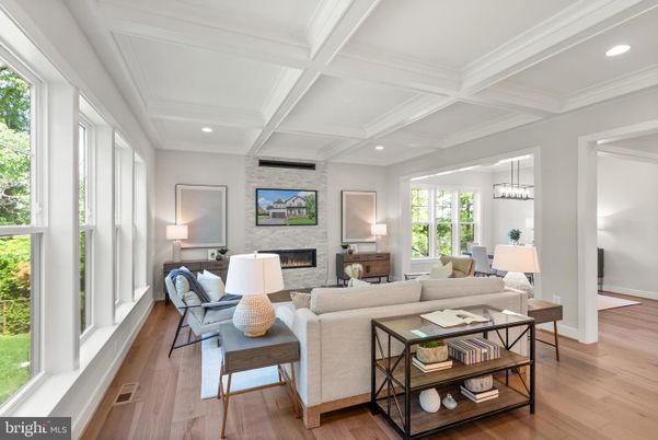 Fireplace, Interior, Living room, Recessed Lighting, Stone Walls, Wood Texture Flooring