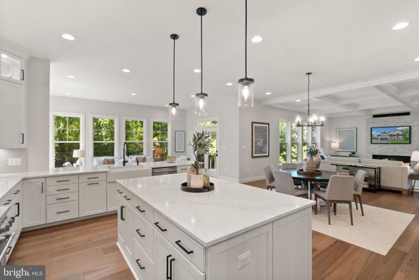 Chandelier, Dining room, Interior, Kitchen, Living room, Pendant Lights, Recessed Lighting, Wood Texture Flooring