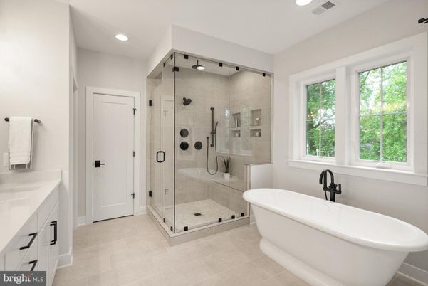 Bathroom, Free Standing Baths, Glass Shower, Interior, Recessed Lighting