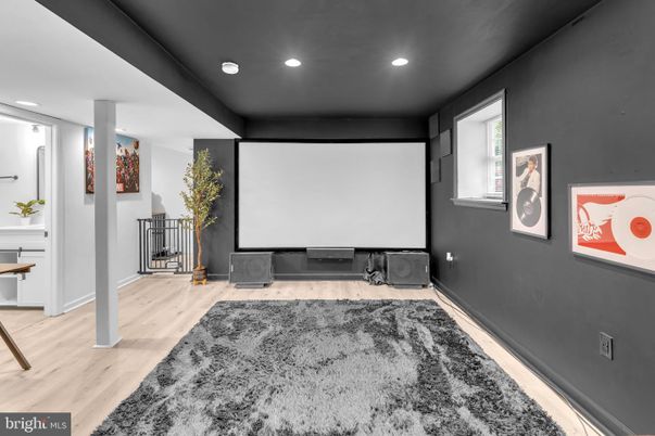 Interior, Projection Screen, Recessed Lighting, Wood Texture Flooring