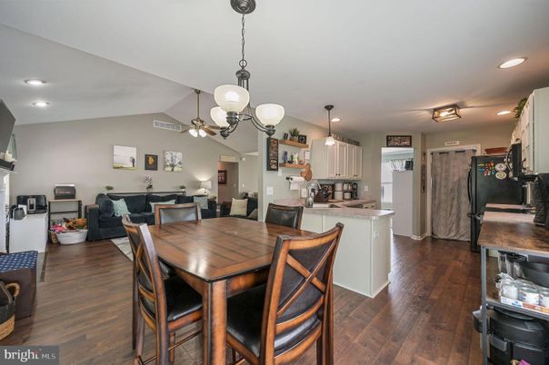 Dining room, Interior, Kitchen, Living room, Pendant Lights, Recessed Lighting, Wood Texture Flooring