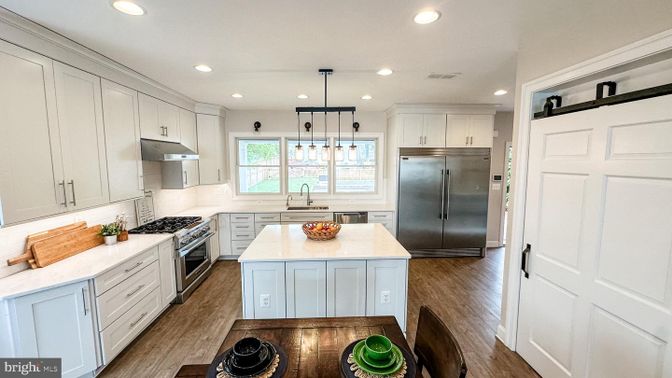 Interior, Kitchen, Pendant Lights, Recessed Lighting, Stainless Steel Appliances, Wood Texture Flooring