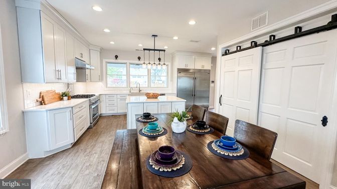 Interior, Kitchen, Pendant Lights, Recessed Lighting, Stainless Steel Appliances, Wood Texture Flooring