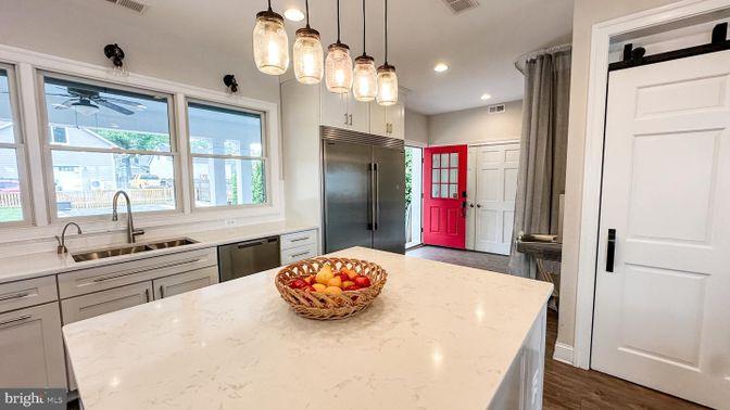 Interior, Kitchen, Pendant Lights, Recessed Lighting, Stainless Steel Appliances, Wood Texture Flooring
