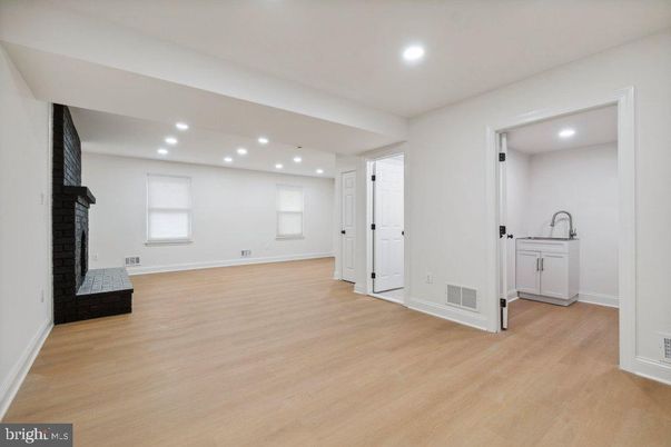 Empty room, Fireplace, Interior, Recessed Lighting, Wood Texture Flooring