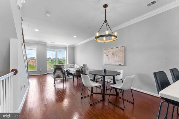 Dining room, Interior, Living room, Pendant Lights, Recessed Lighting, Wood Texture Flooring