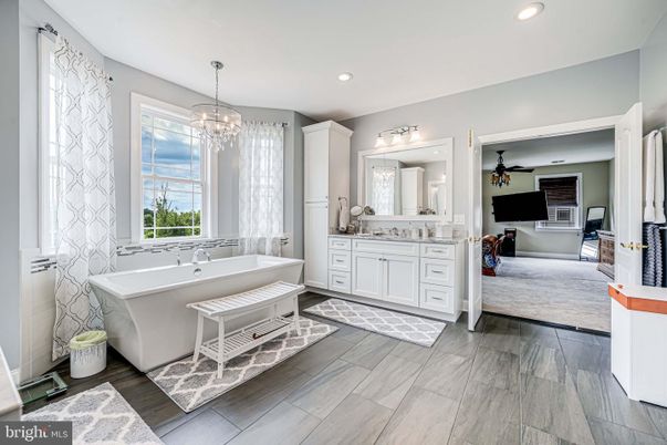 Bathroom, Dual Sink Vanities, Free Standing Baths, Interior, Pendant Lights, Recessed Lighting, Wood Texture Flooring