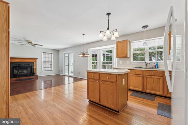 Chandelier, Fireplace, Interior, Kitchen, Pendant Lights, Wood Texture Flooring