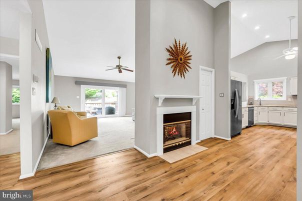 Fireplace, Interior, Kitchen, Recessed Lighting, Wood Texture Flooring