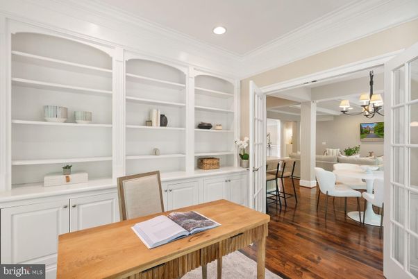 Chandelier, Home Office, Interior, Recessed Lighting, Wood Texture Flooring