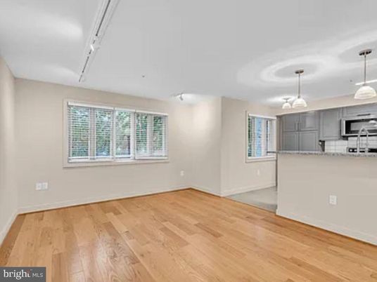 Empty room, Interior, Kitchen, Pendant Lights, Stainless Steel Appliances, Wood Texture Flooring