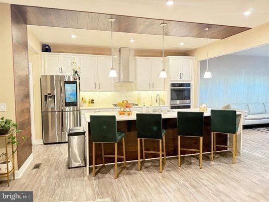 Interior, Kitchen, Pendant Lights, Recessed Lighting, Stainless Steel Appliances, Wooden Ceilings, Wood Texture Flooring