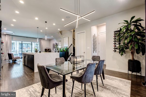 Dining room, Interior, Kitchen, Pendant Lights, Recessed Lighting, Wood Texture Flooring