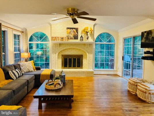 Fireplace, Interior, Living room, Stone Walls, Wood Texture Flooring